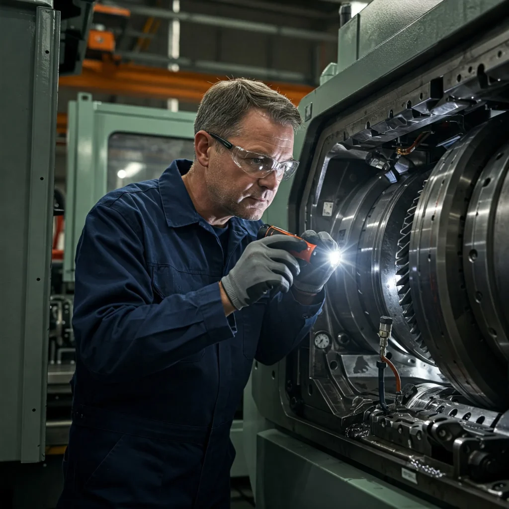 Especialista utilizando un videoscopio para inspección no invasiva de equipo industrial.