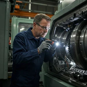 Especialista utilizando un videoscopio para inspección no invasiva de equipo industrial.