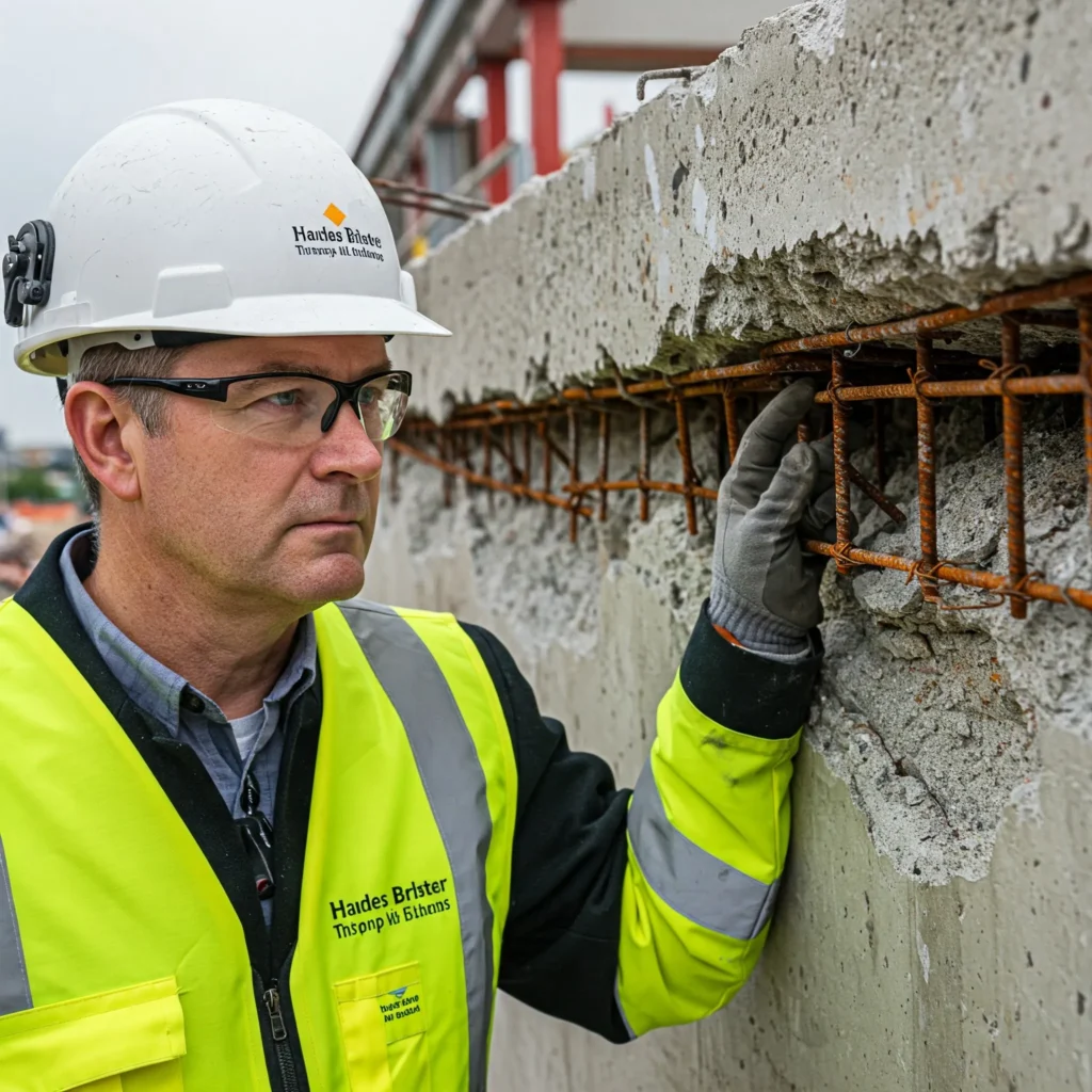 Ingeniero realizando inspección técnica de corrosión en concreto en una instalación industrial.