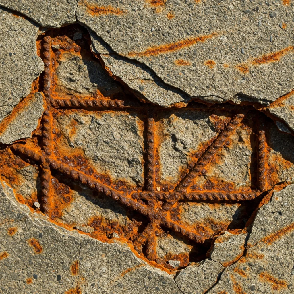 Superficie afectada por la corrosión en concreto debido a exposición prolongada a agentes corrosivos.