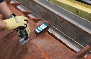 Ingeniero utilizando un durómetro para inspeccionar tubería de acero.