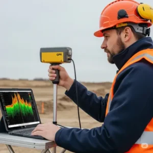 Especialista utilizando georradar para realizar un análisis detallado del subsuelo en un entorno industrial o geotécnico.