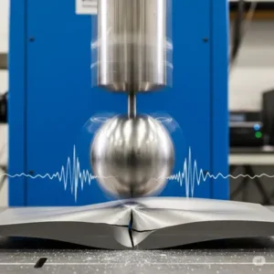 Imagen que muestra el momento en que un material vibra tras recibir el impacto del péndulo de Charpy como parte de una evaluación de tenacidad.