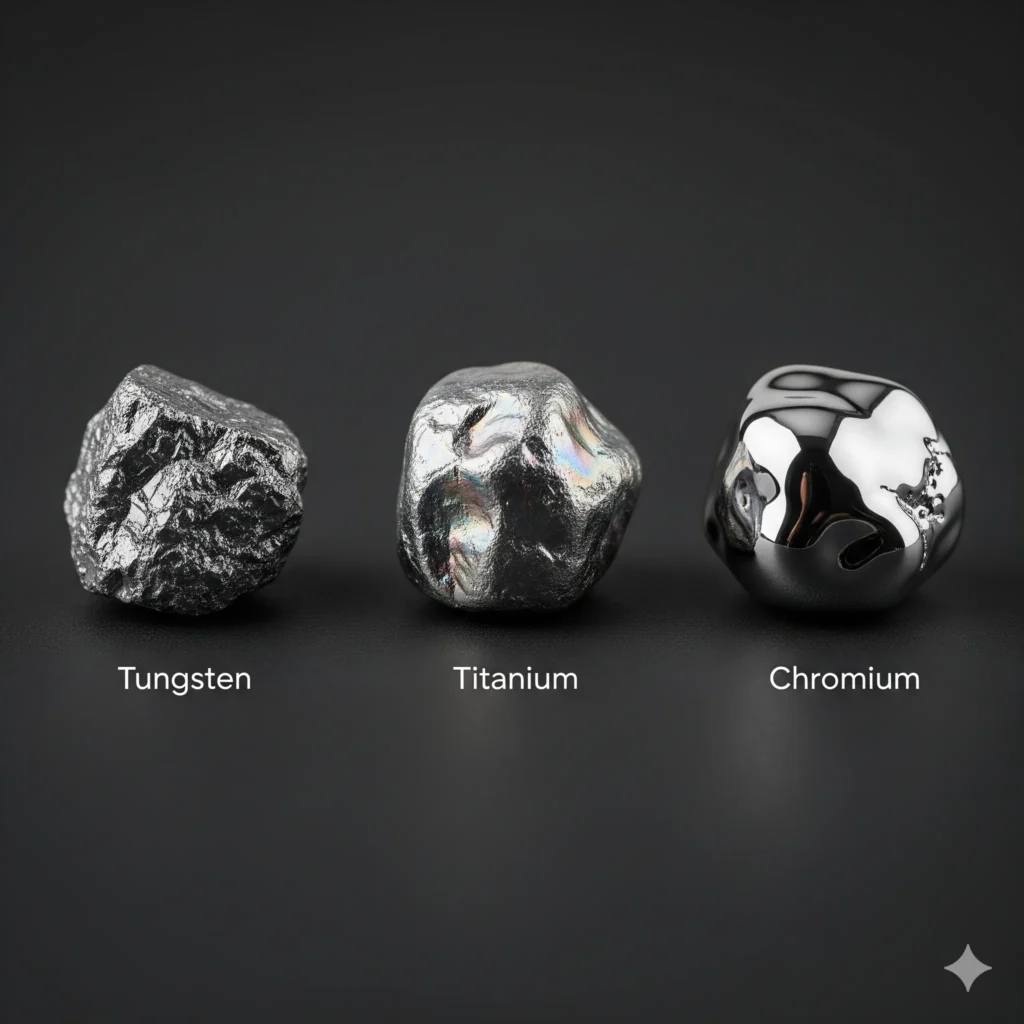 Una comparativa de muestras de tungsteno, titanio y cromo, ilustrando la diversidad de metales superduros y planteando la pregunta de "cuál es el metal más duro del mundo