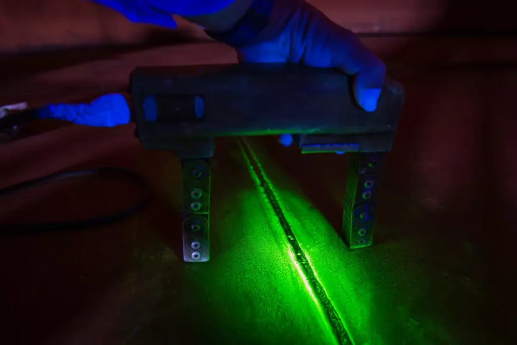 Imagen detallada de un técnico realizando una prueba de partículas magnéticas en un componente industrial para detectar una fisura superficial.