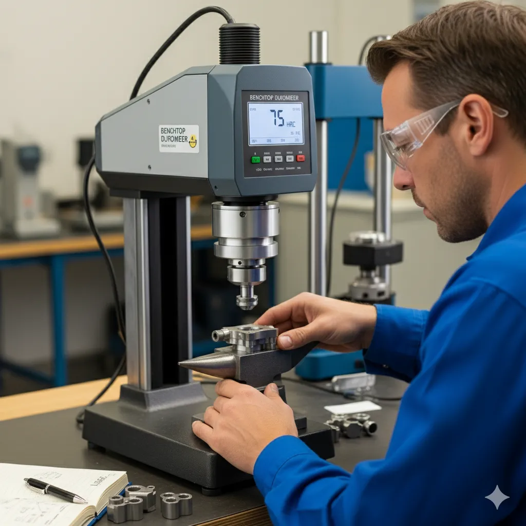 Un ingeniero realiza una de las pruebas mecánicas de materiales más comunes, el ensayo de dureza con un durómetro de mesa en un componente metálico.