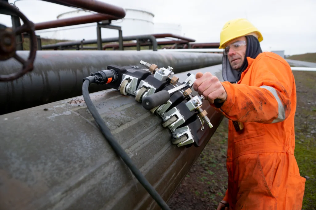 Un primer plano muestra a un trabajador utilizando un dispositivo MFL portátil para escanear una placa de acero marcada con "SCC".