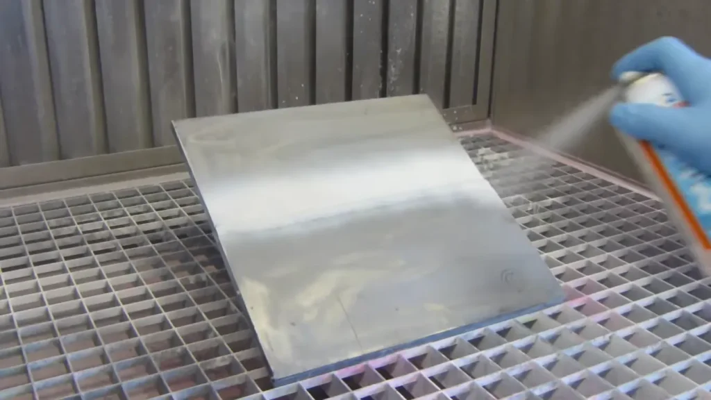 Una mano enguantada rocía un limpiador sobre una pieza metálica grande para preparar la superficie antes de la inspección por líquidos penetrantes.