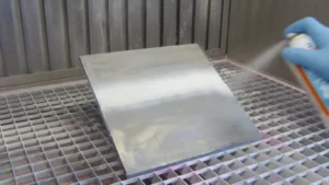 Una mano enguantada rocía un limpiador sobre una pieza metálica grande para preparar la superficie antes de la inspección por líquidos penetrantes.