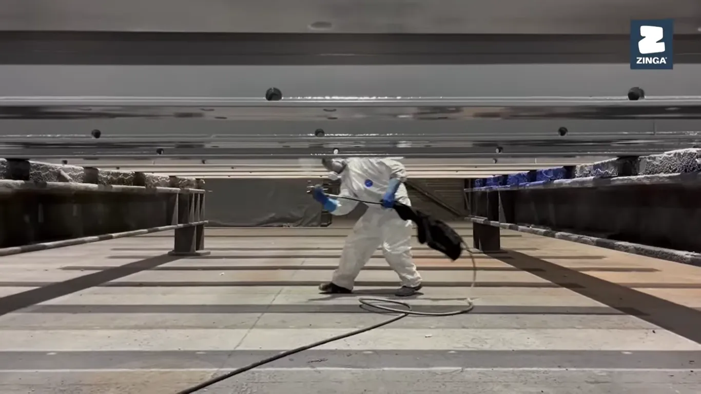 Un trabajador con traje de seguridad blanco y equipo de pulverización aplicando recubrimiento en una gran estructura industrial, implementando protección anticorrosiva a gran escala.