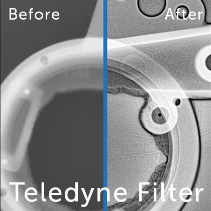 Mejora de la imagen radiográfica industrial: Comparación de una pieza mecánica antes y después del filtro Teledyne