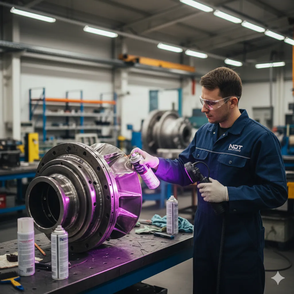 Un hombre con uniforme de trabajo y equipo de protección personal, rocía una sustancia fluorescente sobre una gran pieza metálica de maquinaria mientras la ilumina con una luz ultravioleta, en un taller industrial como parte de un ensayo de tintas penetrantes.