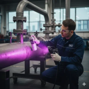Un técnico con gafas de seguridad y guantes, aplicando un líquido fluorescente a una sección de tubería con un spray, mientras ilumina el área con una luz ultravioleta en un entorno industrial, como parte de un ensayo de tintas penetrantes.