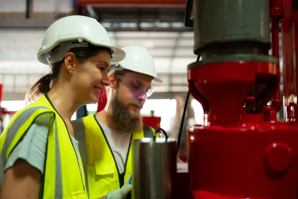 Dos ingenieros, un hombre y una mujer, supervisan un proceso de Ensayos No Destructivos en una máquina industrial roja para garantizar su calidad y seguridad operativa.