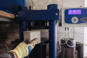 Una mano enguantada coloca un cubo de hormigón bajo una máquina de compresión para realizar Ensayos No Destructivos y evaluar su resistencia.