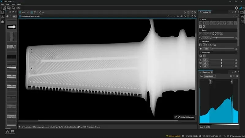 Interfaz de software de radiografía industrial T-REX 2023.2 mostrando un componente analizado y herramientas de ajuste