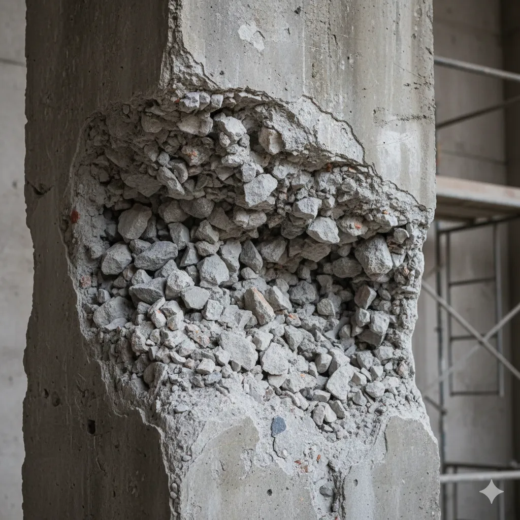 Detalle de una columna de concreto con una cangrejera evidente, mostrando la falta de pasta de cemento y la exposición de agregados gruesos