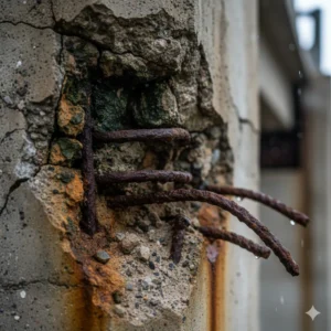 Detalle de la corrosión avanzada del acero de refuerzo expuesto debido al desprendimiento del recubrimiento de concreto