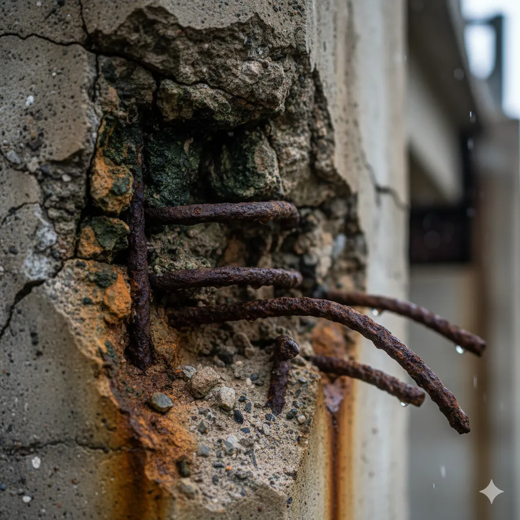 Detalle de la corrosión avanzada del acero de refuerzo expuesto debido al desprendimiento del recubrimiento de concreto
