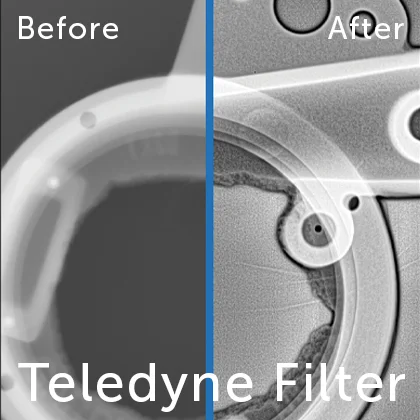 Ejemplo de antes y después aplicando el filtro Teledyne para mejorar el contraste y detalle en radiografías industriales