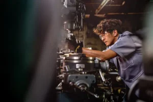 Operario técnico revisando un componente de acero en una fresadora para asegurar la calidad total de la producción.