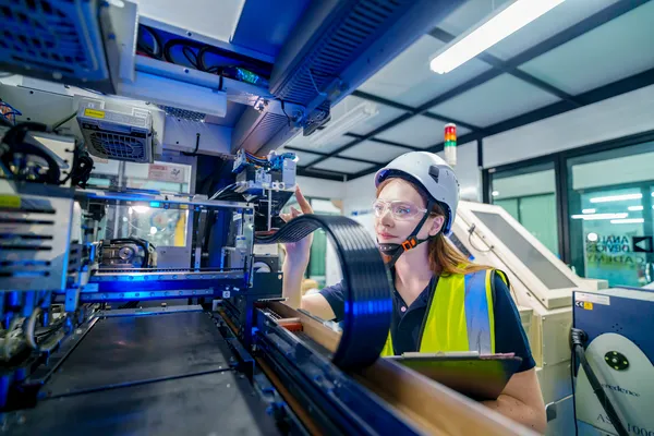 Especialista con casco y gafas de seguridad inspeccionando sistemas electrónicos de alta precisión en una fábrica.