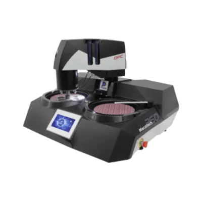 Pulidora automática de dos estaciones marca Presi con cabezal motorizado para la óptima preparación de muestras sólidas