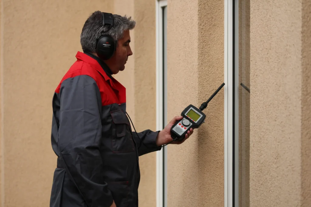 Un ingeniero de mantenimiento de equipo con auriculares usa un dispositivo de prueba para inspeccionar las ventanas de un edificio de estuco.