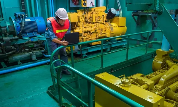 Supervisor de seguridad analiza maquinaria pesada aplicando inteligencia artificial para Ensayos No Destructivos en planta.