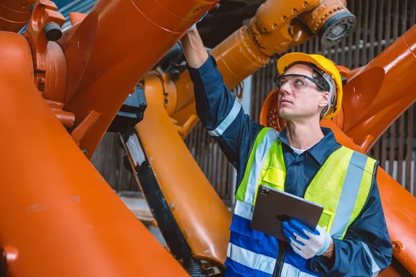 Técnico operando un brazo robótico con inteligencia artificial para Ensayos No Destructivos mediante una tableta.