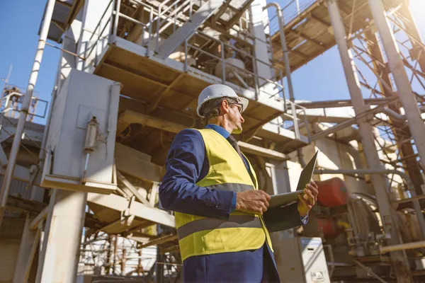 Auditor revisando estructuras con inteligencia artificial para Ensayos No Destructivos en una refinería exterior.