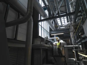 Mantenimiento industrial basado en riesgo: Técnico inspecciona tuberías en la sala de calderas.