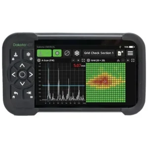 Medidor ultrasónico de espesores Dakota CMX10-DL con visualización A-Scan y cuadrícula de corrosión.