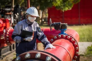 Inspectora con EPP y mascarilla revisa tubería roja de incendio con tableta, siguiendo protocolos API 570 en planta. Inspectora con EPP y mascarilla revisa tubería roja de incendio con tableta, siguiendo protocolos API 570 en planta.