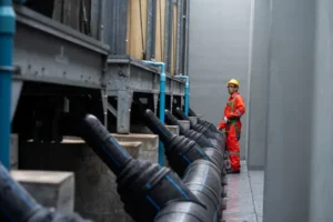Un trabajador industrial con un overol naranja y casco amarillo realiza una inspección de activos en una hilera de tuberías en una planta Un trabajador industrial con un overol naranja y casco amarillo realiza una inspección de activos en una hilera de tuberías en una planta