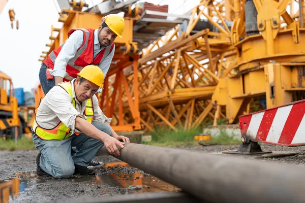 Dos trabajadores de la construcción con cascos amarillos realizan una inspección de activos en una tubería en una obra.