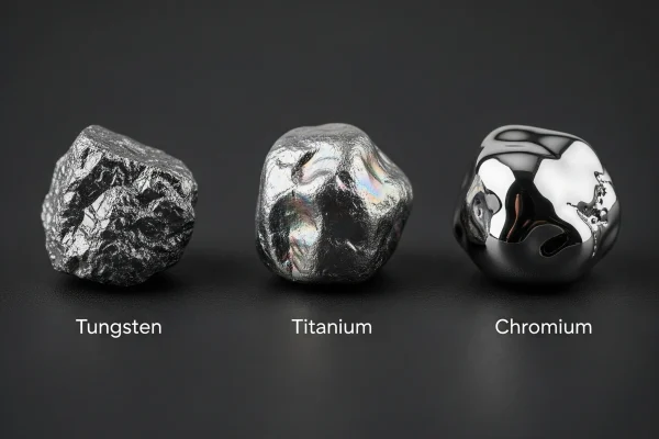 Una comparativa de muestras de tungsteno, titanio y cromo, ilustrando la diversidad de metales superduros y planteando la pregunta de "cuál es el metal más duro del mundo