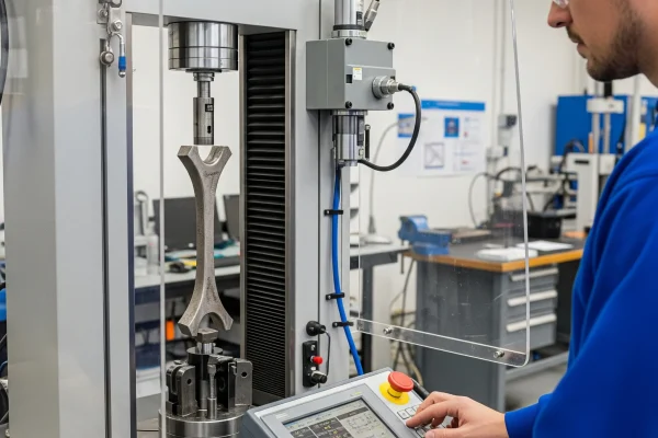 Un técnico en Fuentes del Valle, Estado de México, realiza un ensayo de tensión en una muestra de material utilizando una máquina universal de pruebas.