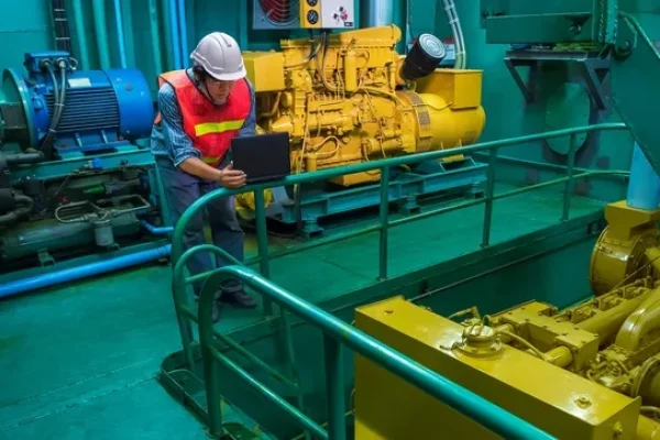 Supervisor de seguridad analiza maquinaria pesada aplicando inteligencia artificial para Ensayos No Destructivos en planta.