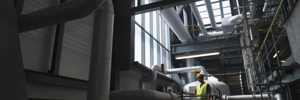Mantenimiento industrial basado en riesgo: Técnico inspecciona tuberías en la sala de calderas.