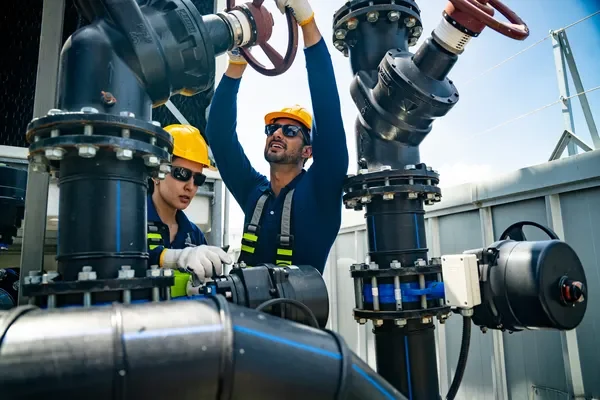 Técnicos operando válvulas en una planta industrial como parte de su plan de mantenimiento predictivo