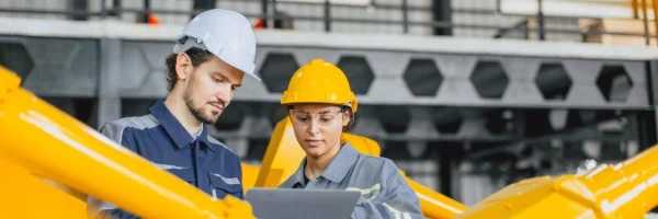 Técnicos revisando parámetros de monitoreo de condición en maquinaria con laptop en fábrica.